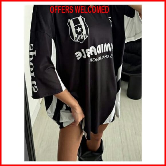 Oversized Graphic Tee 3/4 Sleeve Collared Top Y2K Streetwear Jersey - Picture 6 of 8